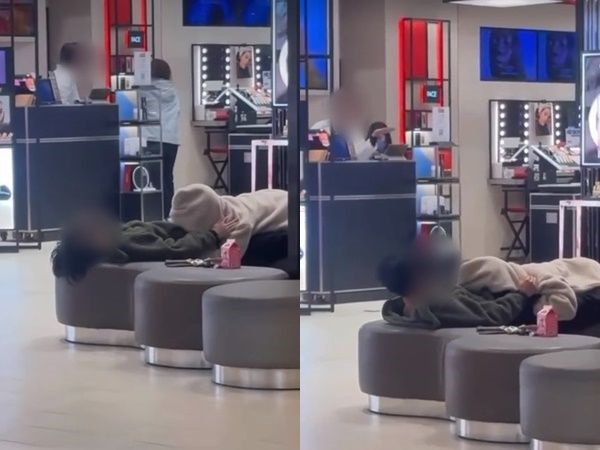 一對年輕男女日前在桃園一處百貨公司的公眾沙發區交疊，女方疑似還正在替男方口愛，掀起網友討論。（翻攝臉書社團「爆廢公社」）