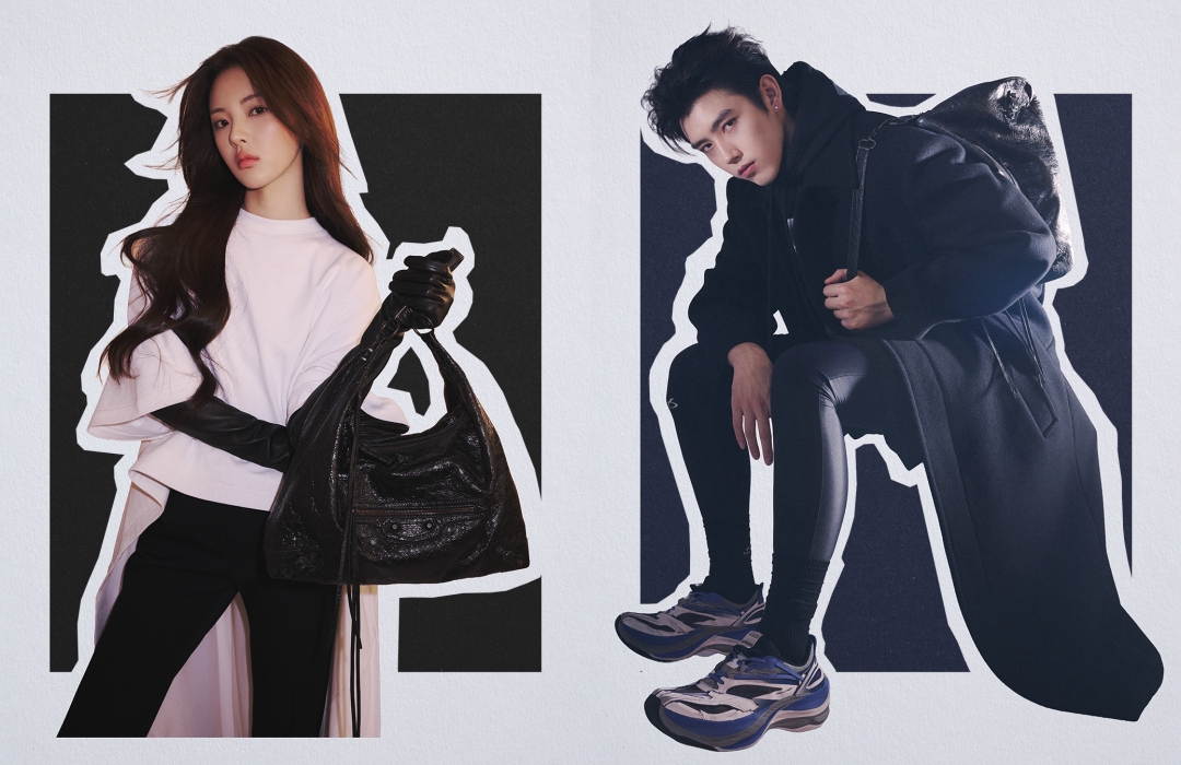 （左起）楊超越、陳飛宇為BALENCIAGA拍攝「偶像典藏卡」廣告大片。（巴黎世家提供）