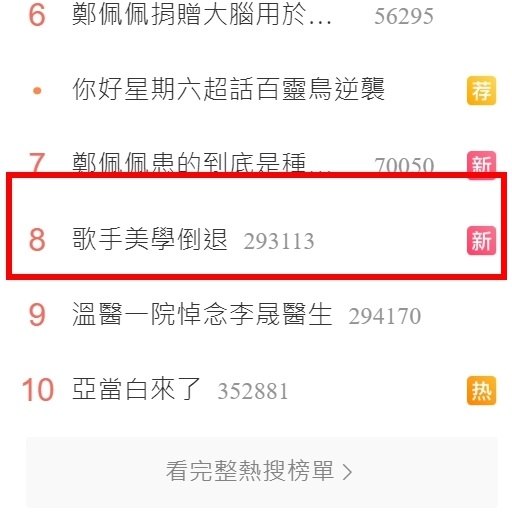 黃宣遭淘汰後，「歌手美學倒退」的相關貼文登上微博熱搜。（翻攝自微博）
