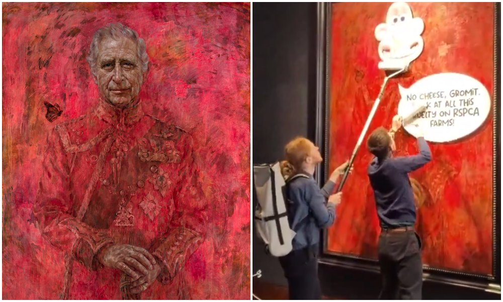 查爾斯三世的官方新肖像（左圖）上月揭幕，11日遭動保組織（右圖）破壞。（翻攝The Royal Family臉書、AnimalRising影片）