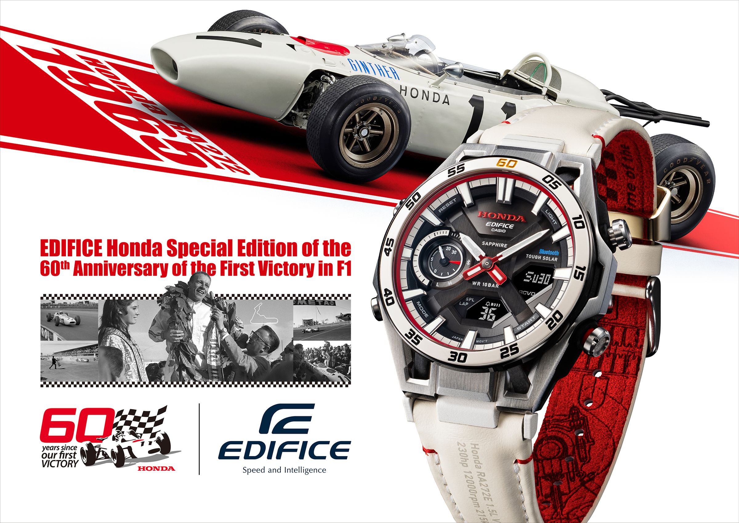 HONDA RA272賽車的配色與線條元素，轉化到錶款設計上。