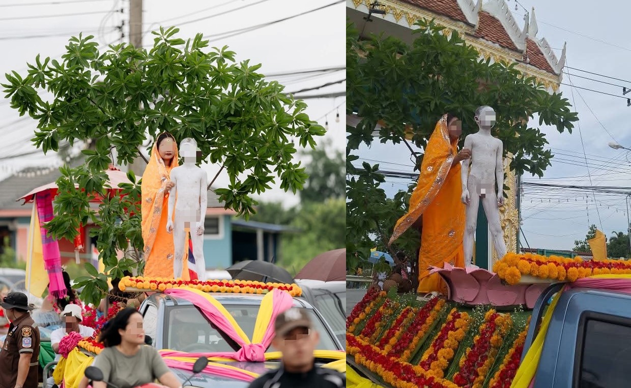 泰國中部一座佛寺近日舉辦遊行，一名男童全裸的照片引發爭議。（翻攝自臉書โอมมณีเก็จทิพยนฤมาศ แห่งปราสาทโกสินารายณ์ ความหายย้ายไปก็ย้ายมา──和 ตะละแม่บุษบง ณ.ศรีธนญชัยแลนด์ ในดินแดนแห่งความย้อนแย้ง 及 ปนมณนพเกลา กลนความจำเรญแหงสทนดร ）