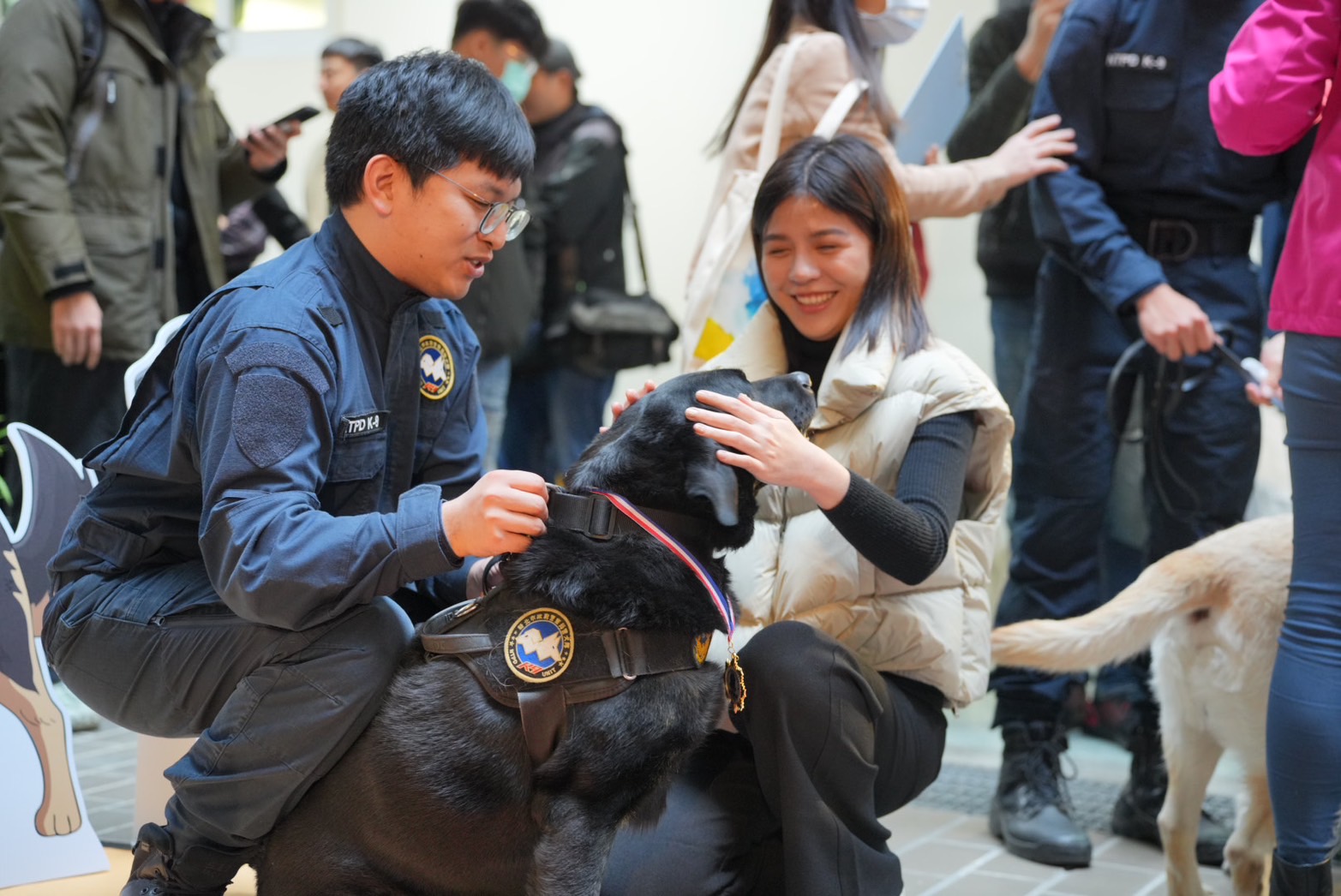 領犬員帶領退休警犬卸下任務,交由領養家庭照顧,場面溫馨。(翻攝畫面)