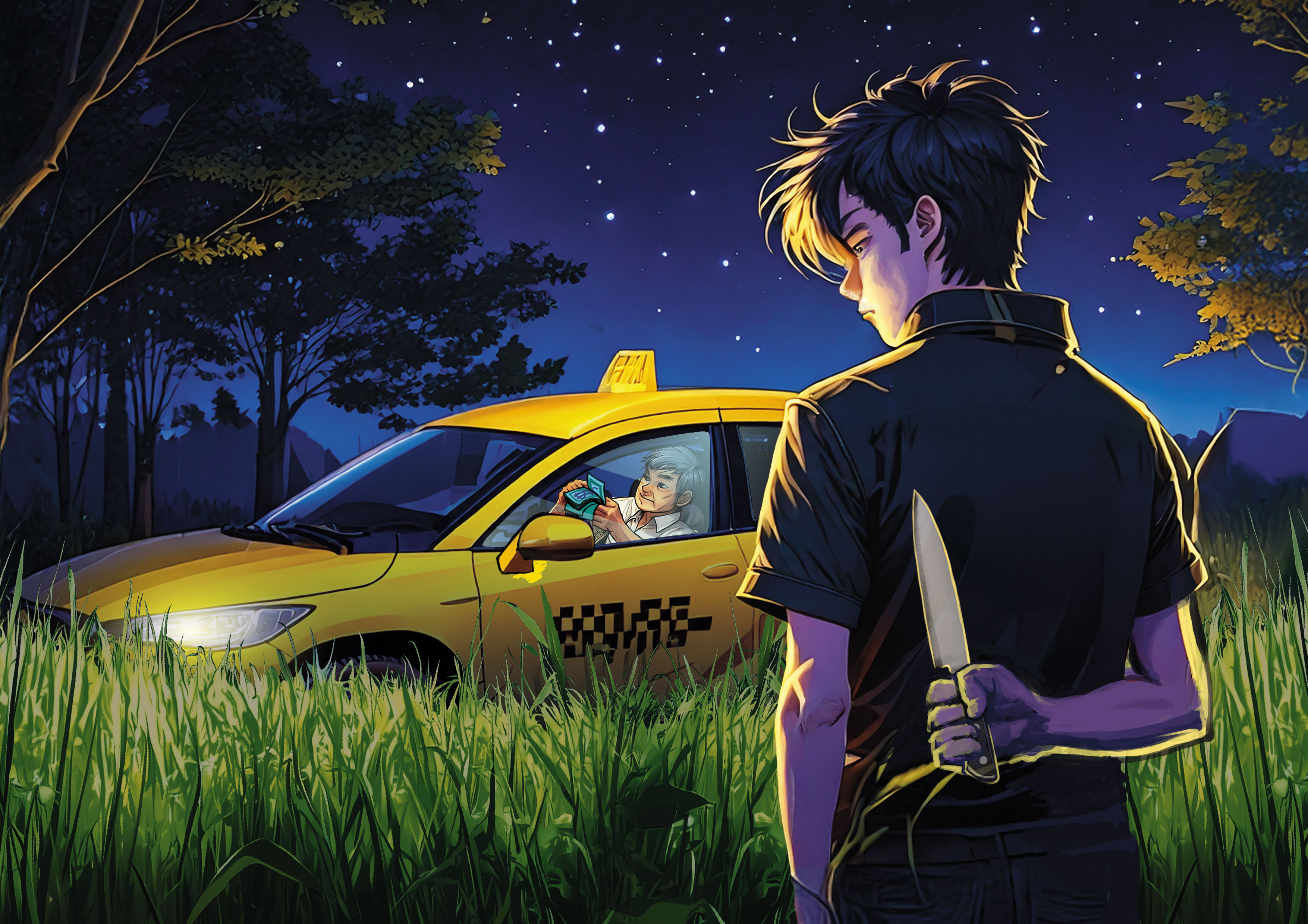 葉男隨機攔計程車上山，藉故下車，再趁駕駛數鈔時，亮刀行搶、殺人。（AI繪圖Adobe Firefly生成，本刊美術組後製）