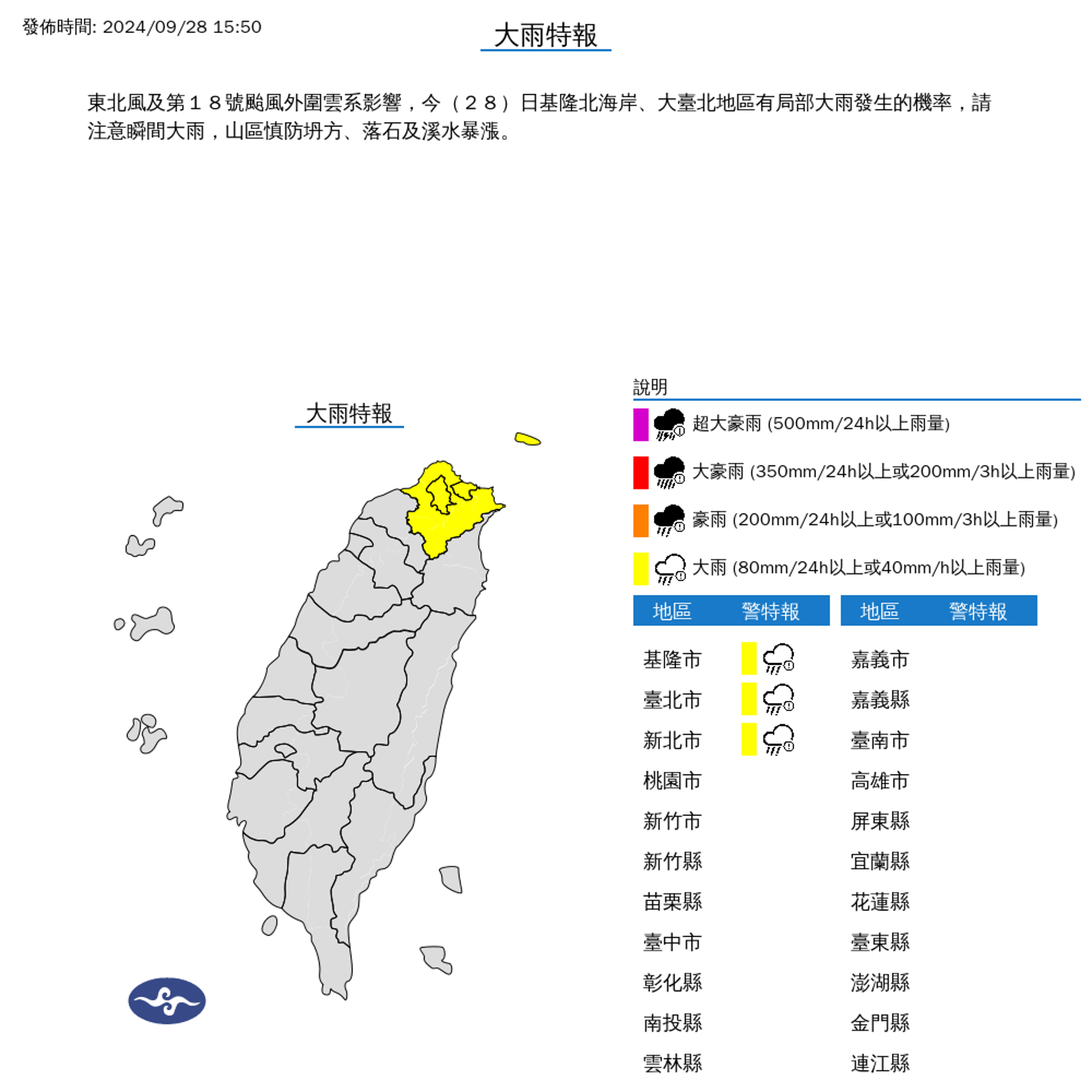 受東北風增強及第18號颱風外圍雲系影響,氣象署針對3縣市發布大雨特報。(中央氣象署提供)