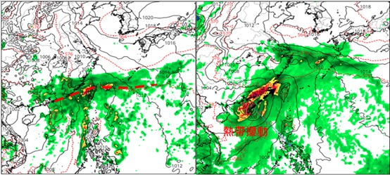 最新歐洲模式29日20時模擬圖顯示，第4波「梅雨季」鋒面移入，伴隨西南風的增強，有明顯降雨（左圖）。最新美國模式則模擬29日20時，南海有「熱帶擾動」，挾大量降雨移入（右圖）。（翻攝自氣象應用推廣基金會／圖擷自tropical tidbits）