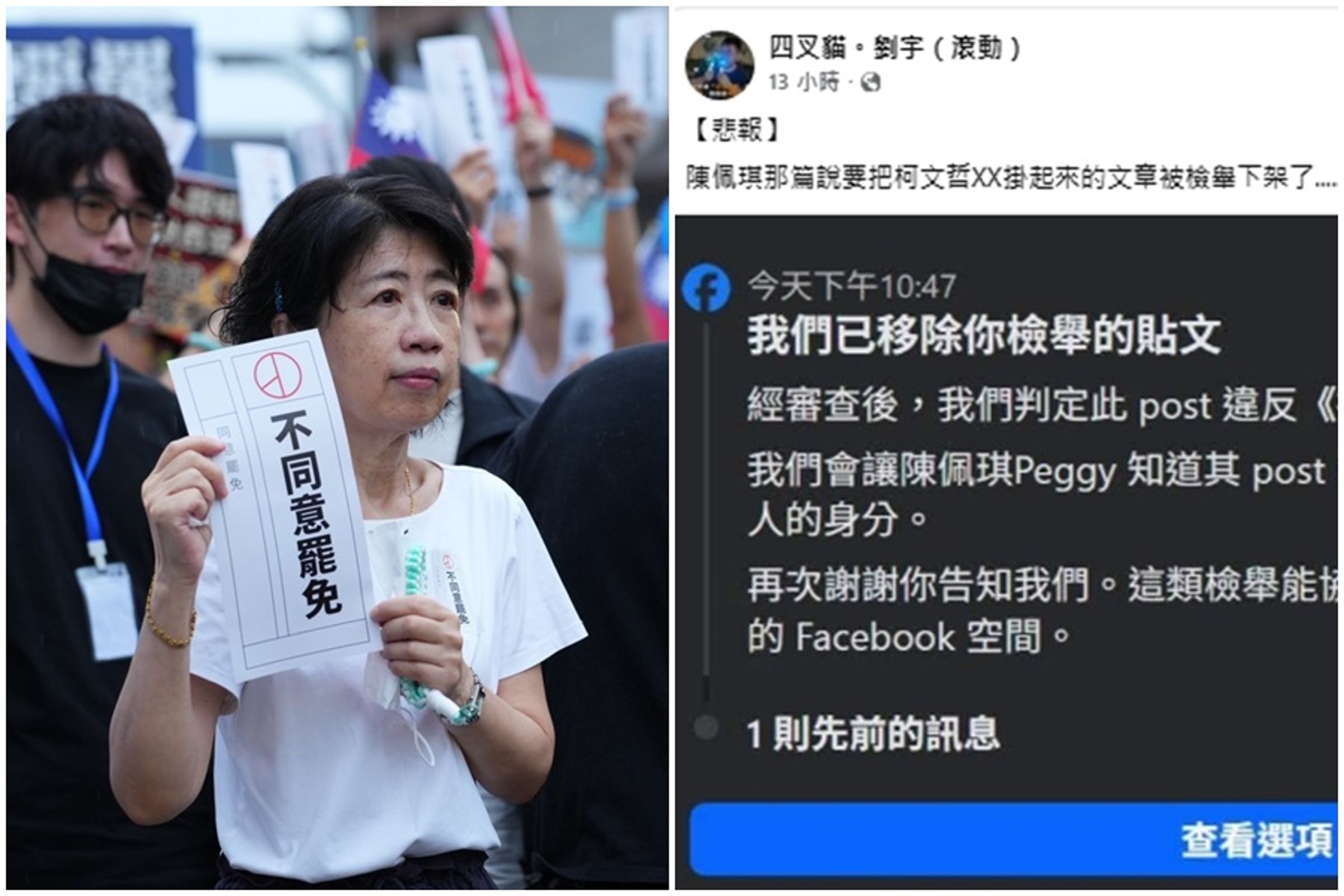 親綠網紅四叉貓表示，陳佩琪要以死控訴司法貼文已被檢舉下架。（翻攝自陳佩琪、四叉貓臉書）