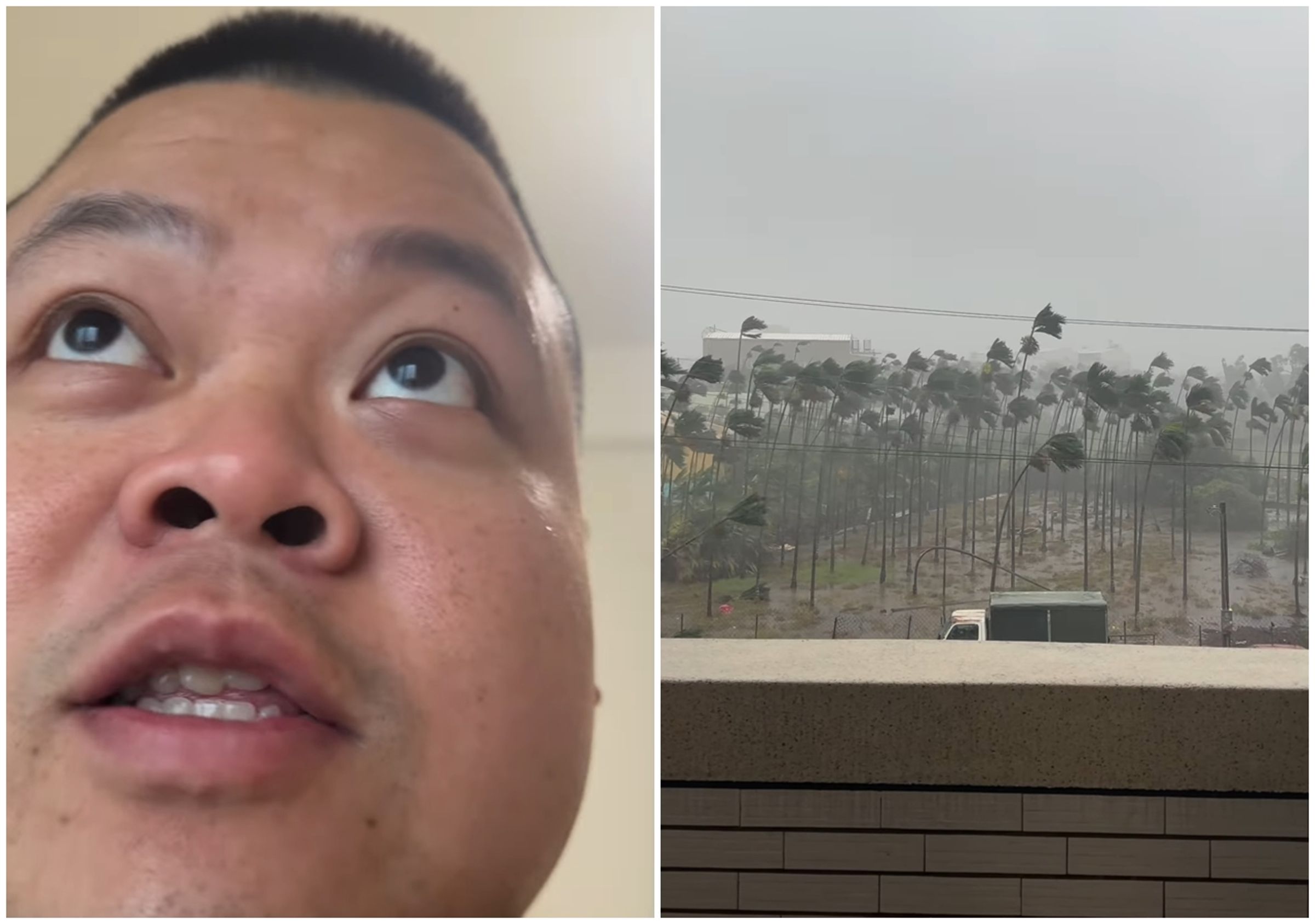 大蛇丸今在家po出陽台外狂風暴雨的影片，他還不斷驚呼「哎唷威壓」。（翻攝自大蛇丸IG）