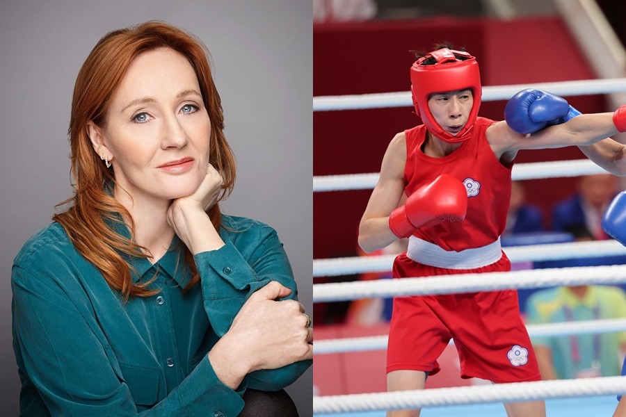 J.K.羅琳(左)30日在X分享女拳擊手未過世錦賽性別檢測卻能參加奧運的新聞,新聞人物包括我國女將林郁婷(右)。(翻攝自J.K. Rowling臉書、中華奧會提供)