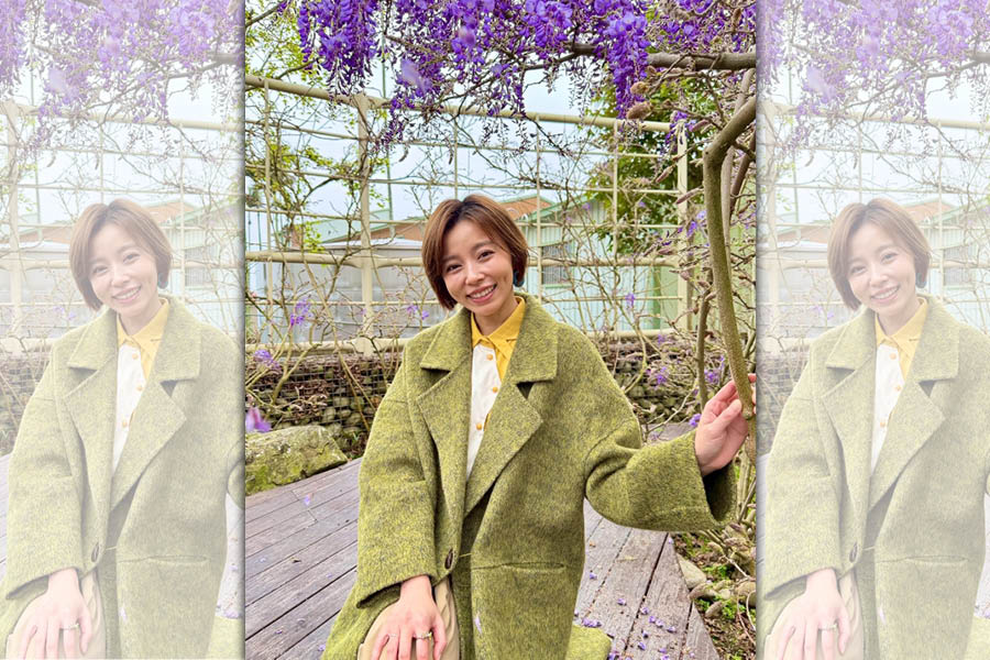 王瞳趁工作空檔前往嘉義瑞里春遊,欣賞紫藤花季美景。(民視提供)