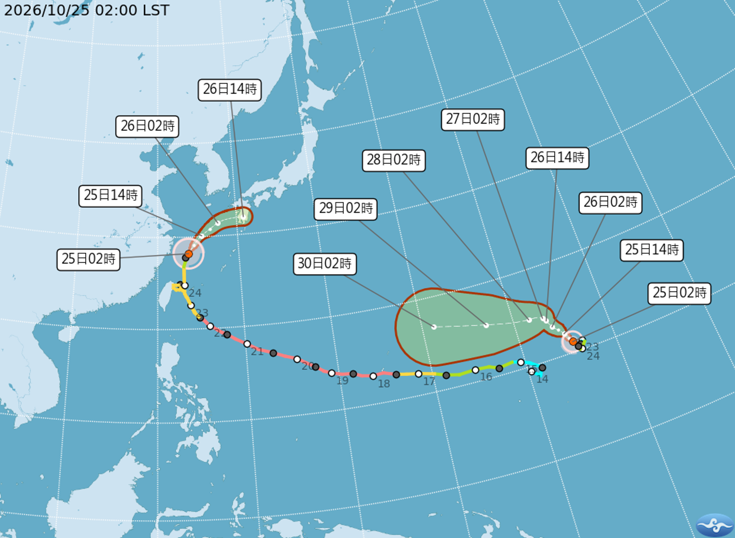 輕颱薔琵逐漸遠離台灣,朝日本九州方向前進;另一輕颱煙花距離台灣遙遠,對台灣天氣無直接影響。(中央氣象署提供)
