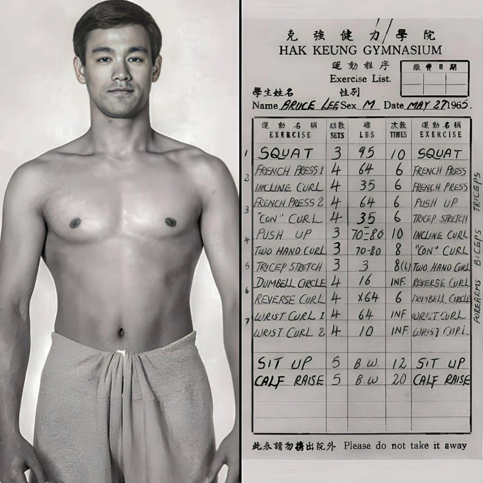 網路上流傳著李小龍的健身課表。(圖/翻攝自X)
