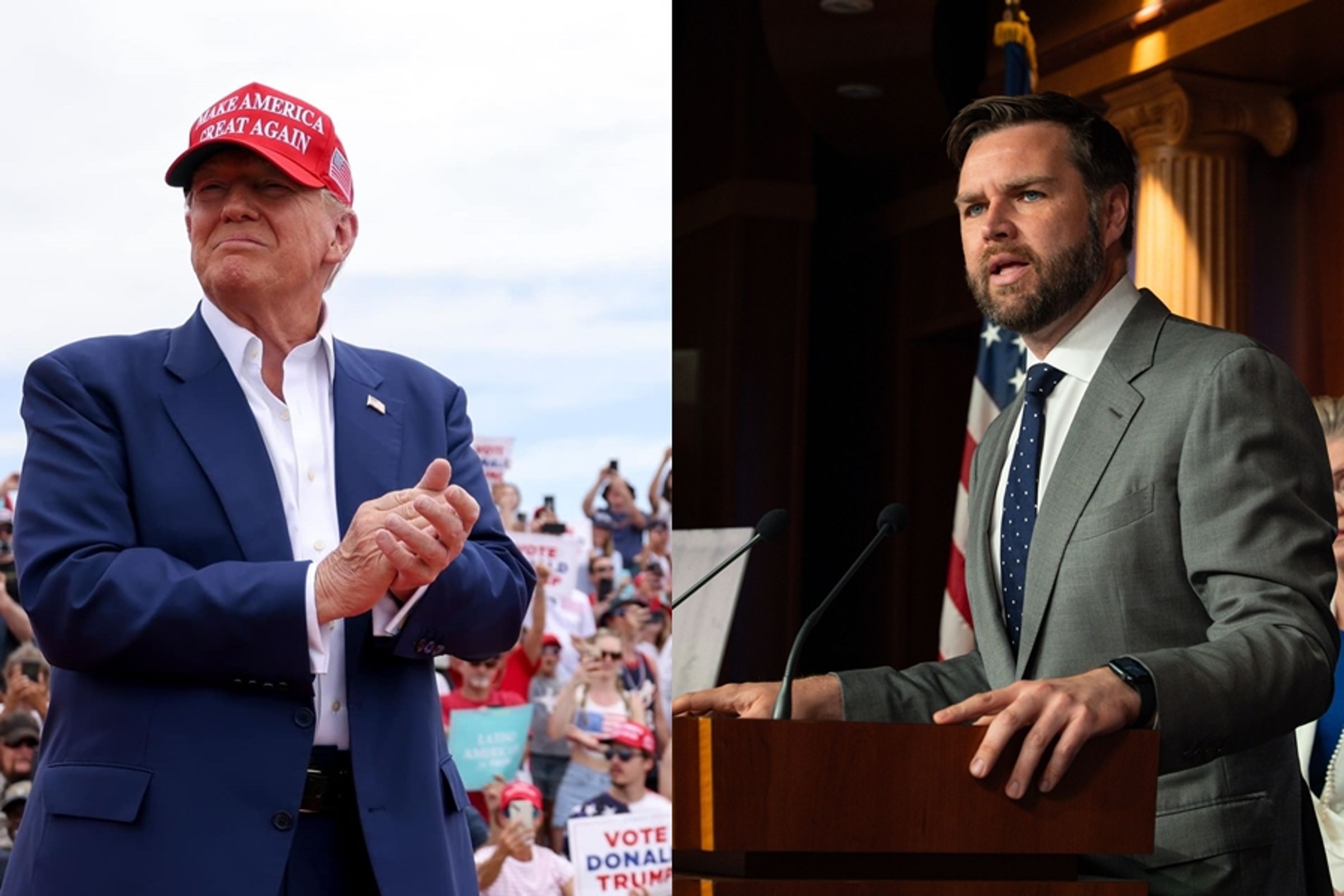 川普(左)與副手范斯(右)爭議言行不斷,遭泰勒斯狙擊。(翻攝自Donald Trump、JD Vance臉書)