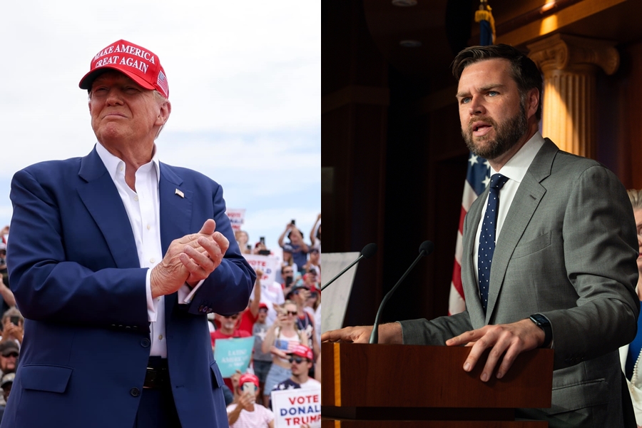 川普（左）與副手范斯（右）爭議言行不斷，遭泰勒斯狙擊。（翻攝自Donald Trump、JD Vance臉書）