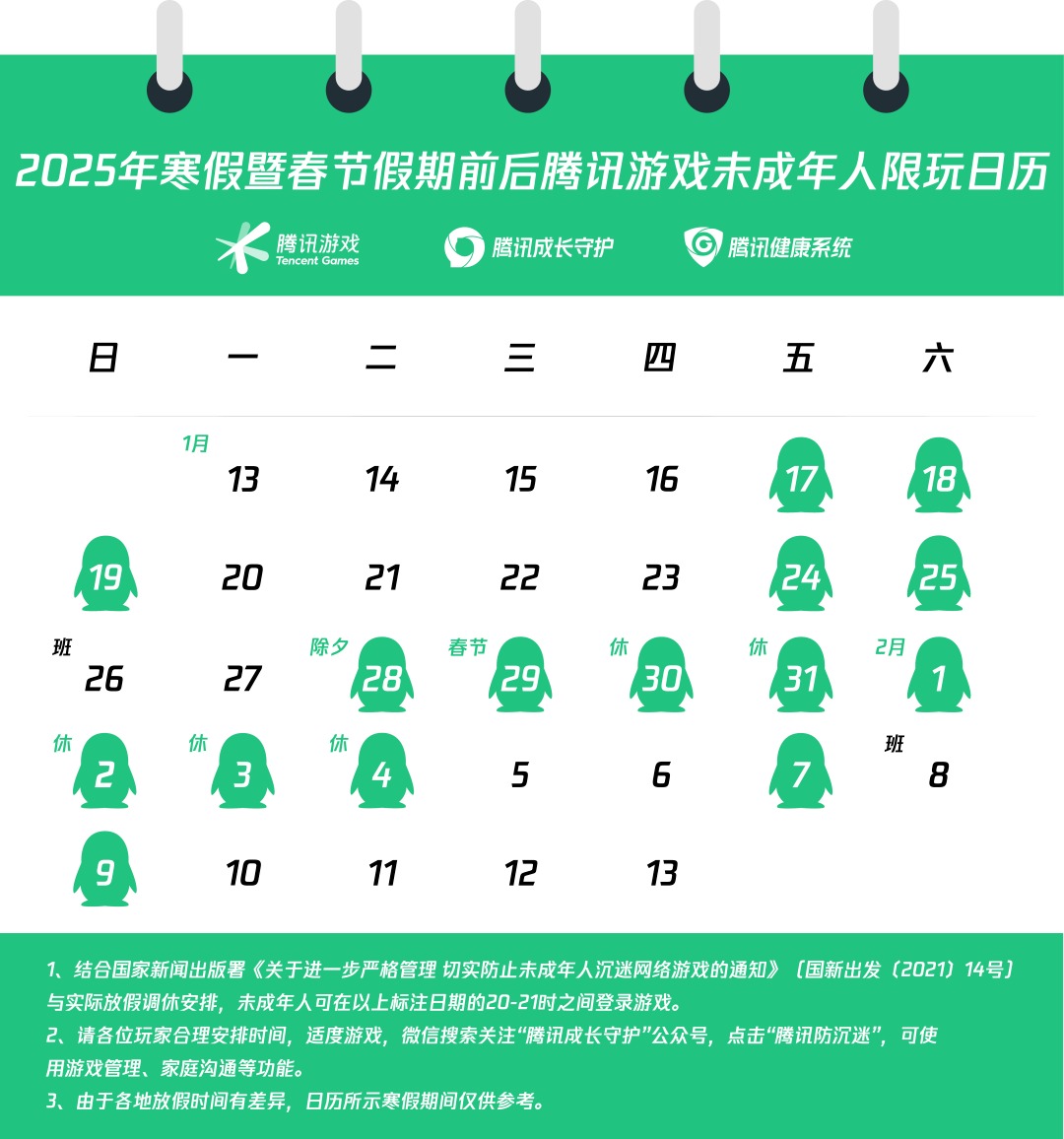 中國騰訊遊戲公布「2025寒假未成年人限玩日曆」，總計32天的寒假裡，小孩只有15個小時能打電動。（翻攝自微博）
