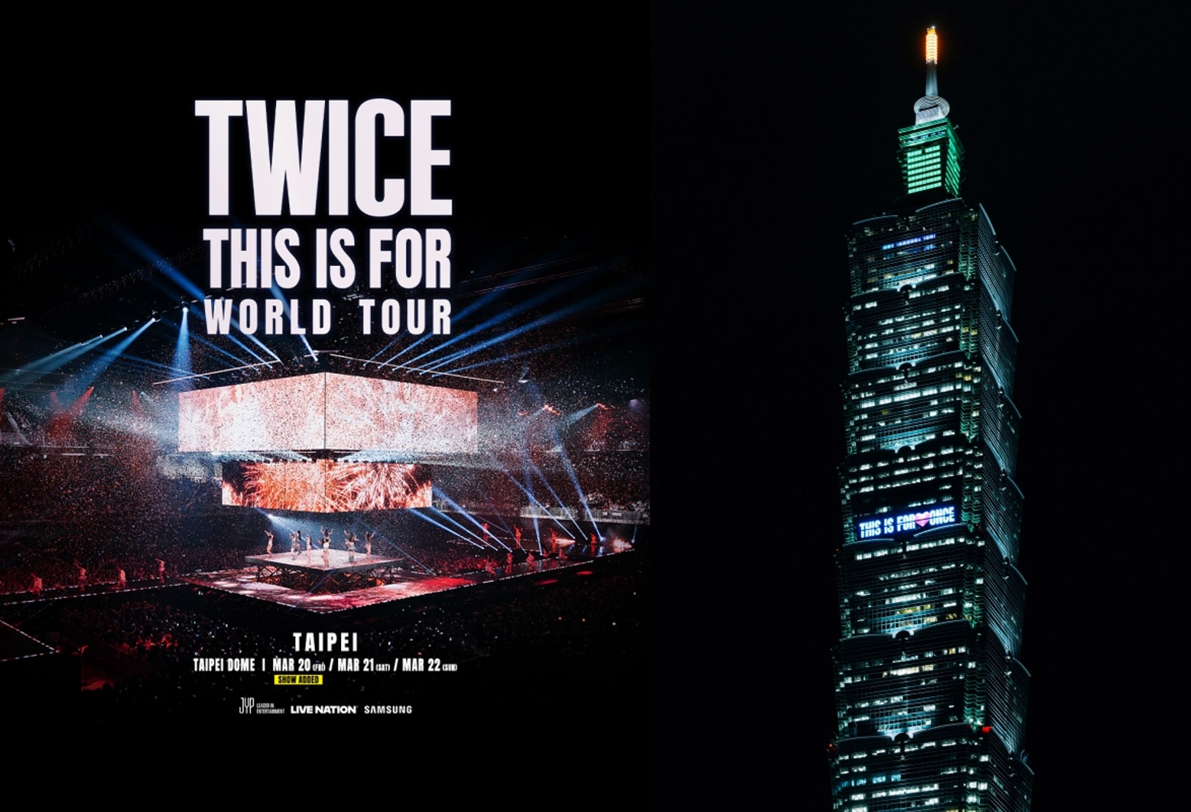TWICE今晚(4日)登上台北101外牆「THIS IS FOR ♥ONCE♥」,並宣布臺北大巨蛋加場。(Live Nation提供)