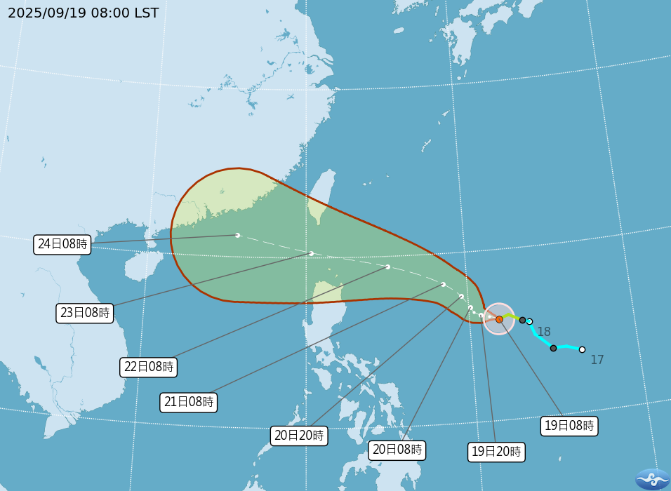 輕颱「樺加沙」持續增強，暴風圈半徑也將擴大，預計下週影響台灣。（翻攝自中央氣象署官網）