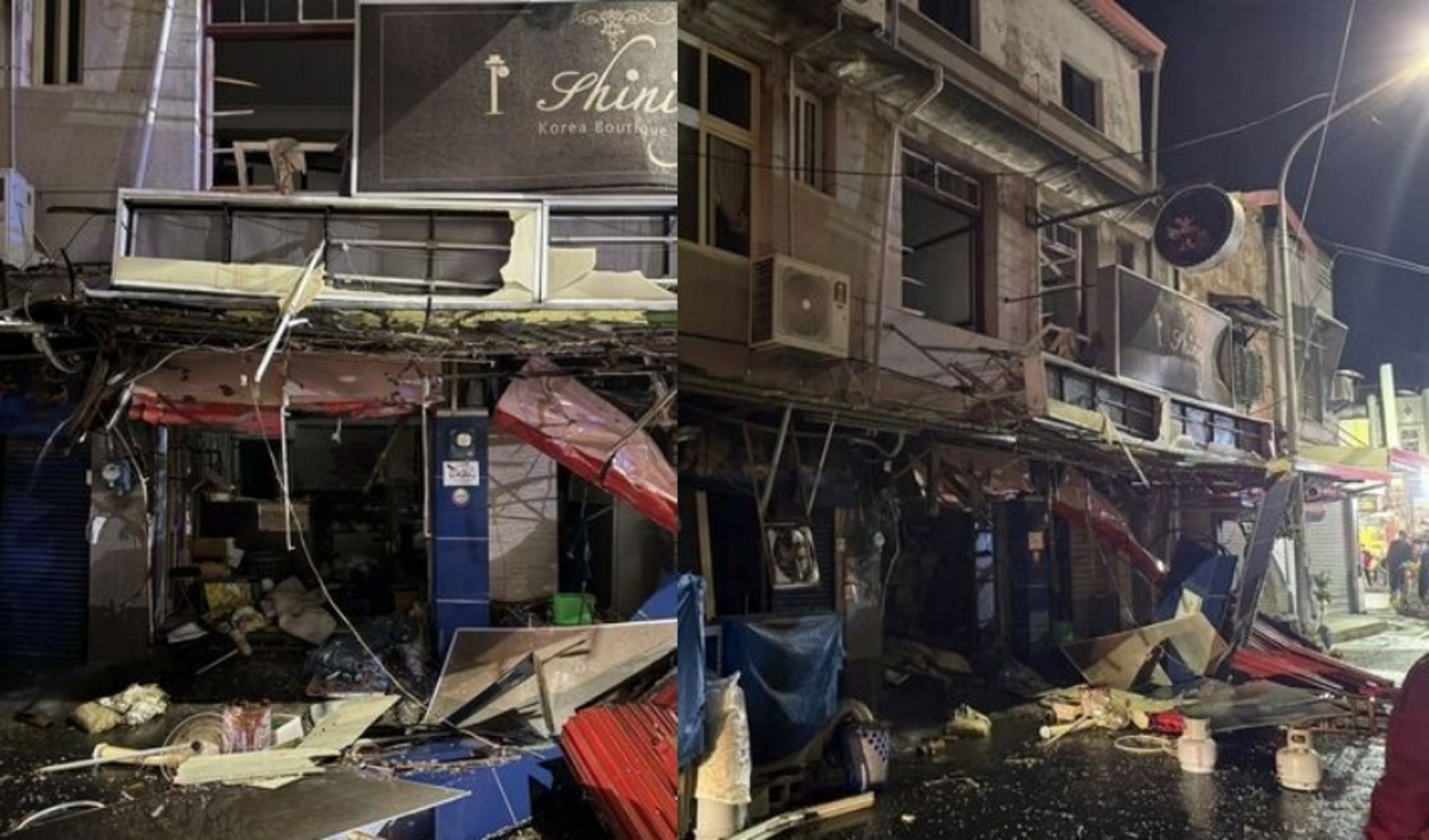 台南新營文化街晚間發生疑似瓦斯氣爆事故,一樓店面與外牆嚴重受損。(翻攝畫面)