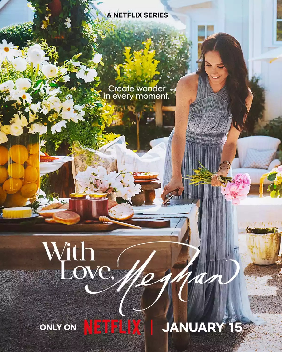 梅根的新節目《With Love, Meghan》原訂於本月15日開播，如今延期至3月4日播出。（翻攝Netflix）