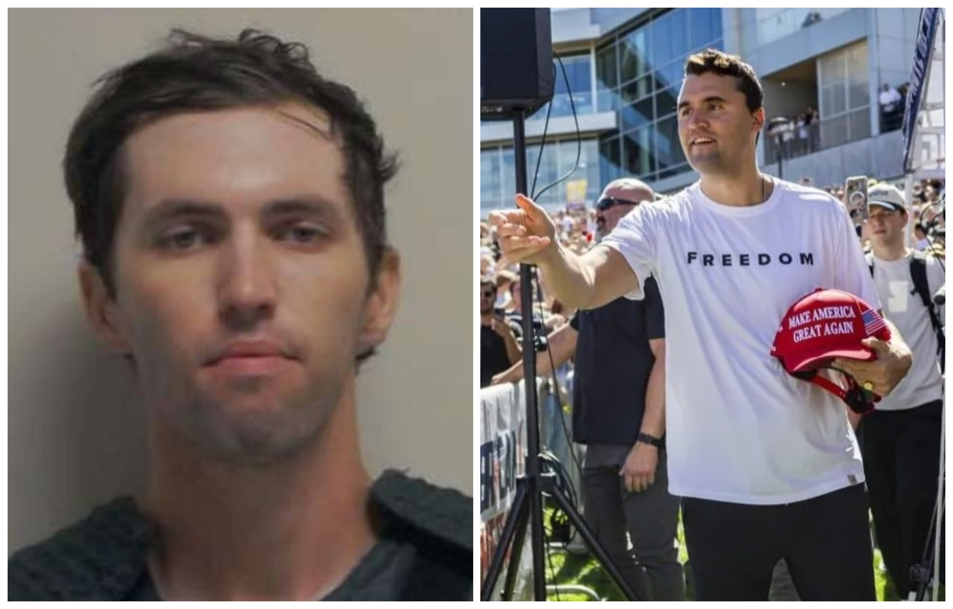 柯克（右圖）在校園活動上遭槍擊，22歲凶嫌羅賓森（左圖）落網。（翻攝X@Obaji_esq、X@EndWokeness）