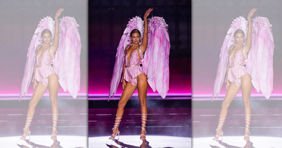 Gigi Hadid腳上穿著粉色系的Chandelier鞋款，展現奢華性感。（RENE CAOVILLA提供）