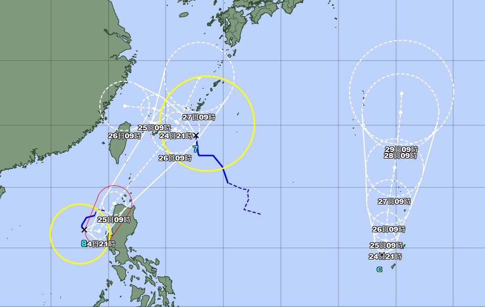「第9號颱風柯羅莎」今晚有機率生成，圖為西太平洋3大熱帶系統路徑圖。（翻攝自日本氣象廳）