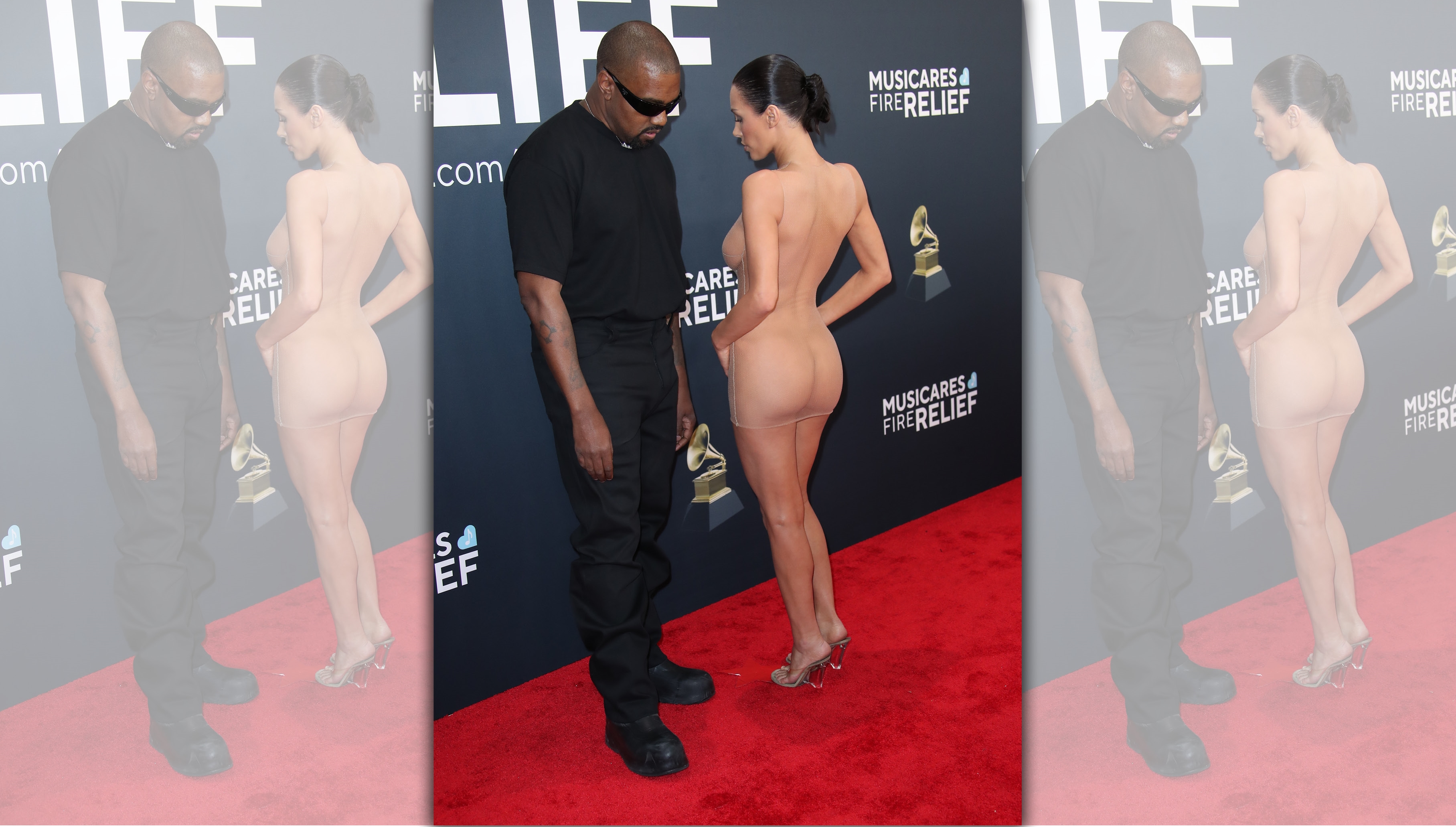 今年的紅毯第一辣就是改名為「Ye」的肯伊威斯特（左）跟現任老婆比安卡森索里（右），他們兩位完全沒有受邀、自己就跑來走紅毯，保全也很客氣，讓比安卡幾乎是全裸的狀態下拍完照後，把她們請出會場。（東方IＣ）