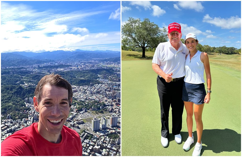 川普的孫女凱伊（右圖右）給霍諾德（左圖）攀登101的壯舉點讚。（翻攝alexhonnold　IG、kaitrumpgolfer IG）