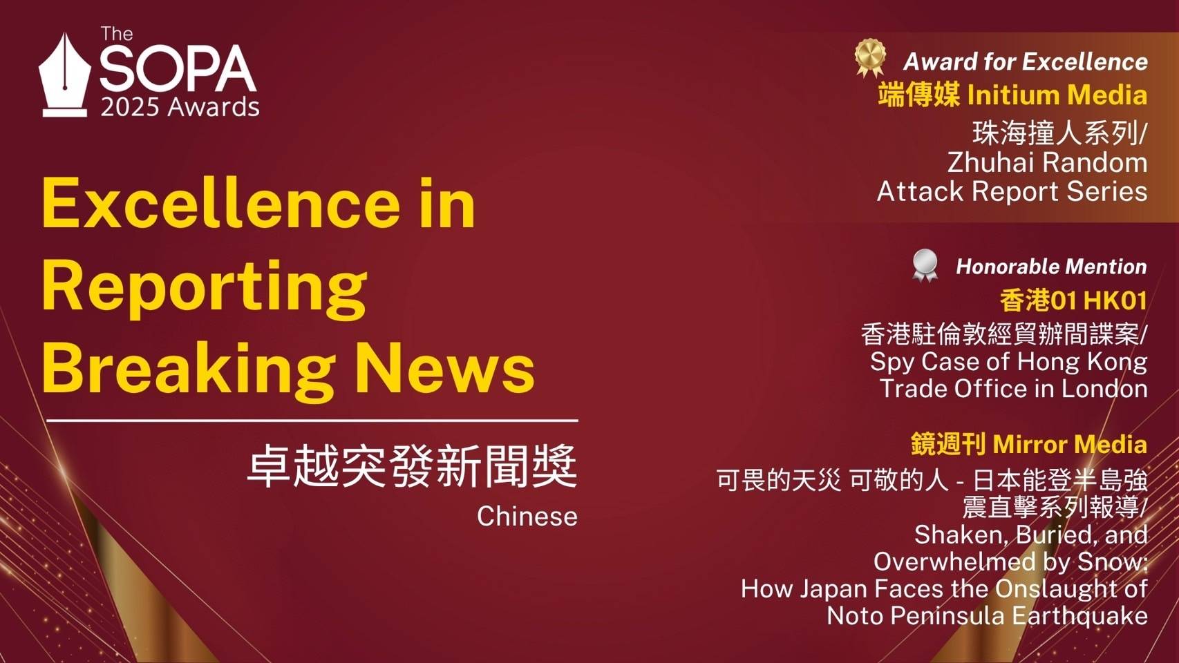 本刊日本強震直擊系列,奪下卓越突發新聞獎的卓越獎。