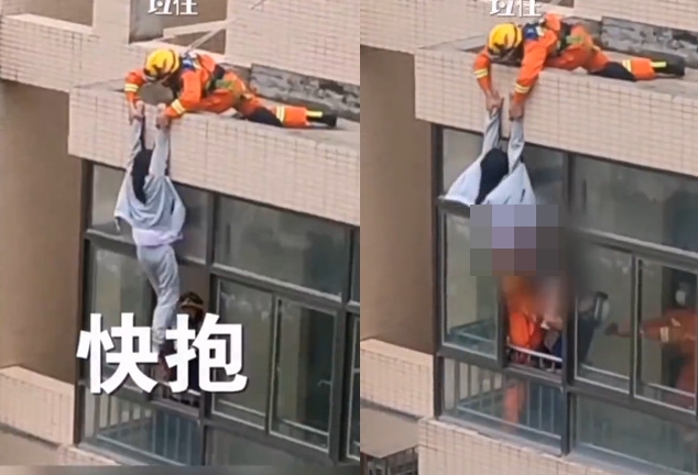 一名女子因失戀跳樓,消防人員救援時不小心將她的褲子拉下。(翻攝微博)