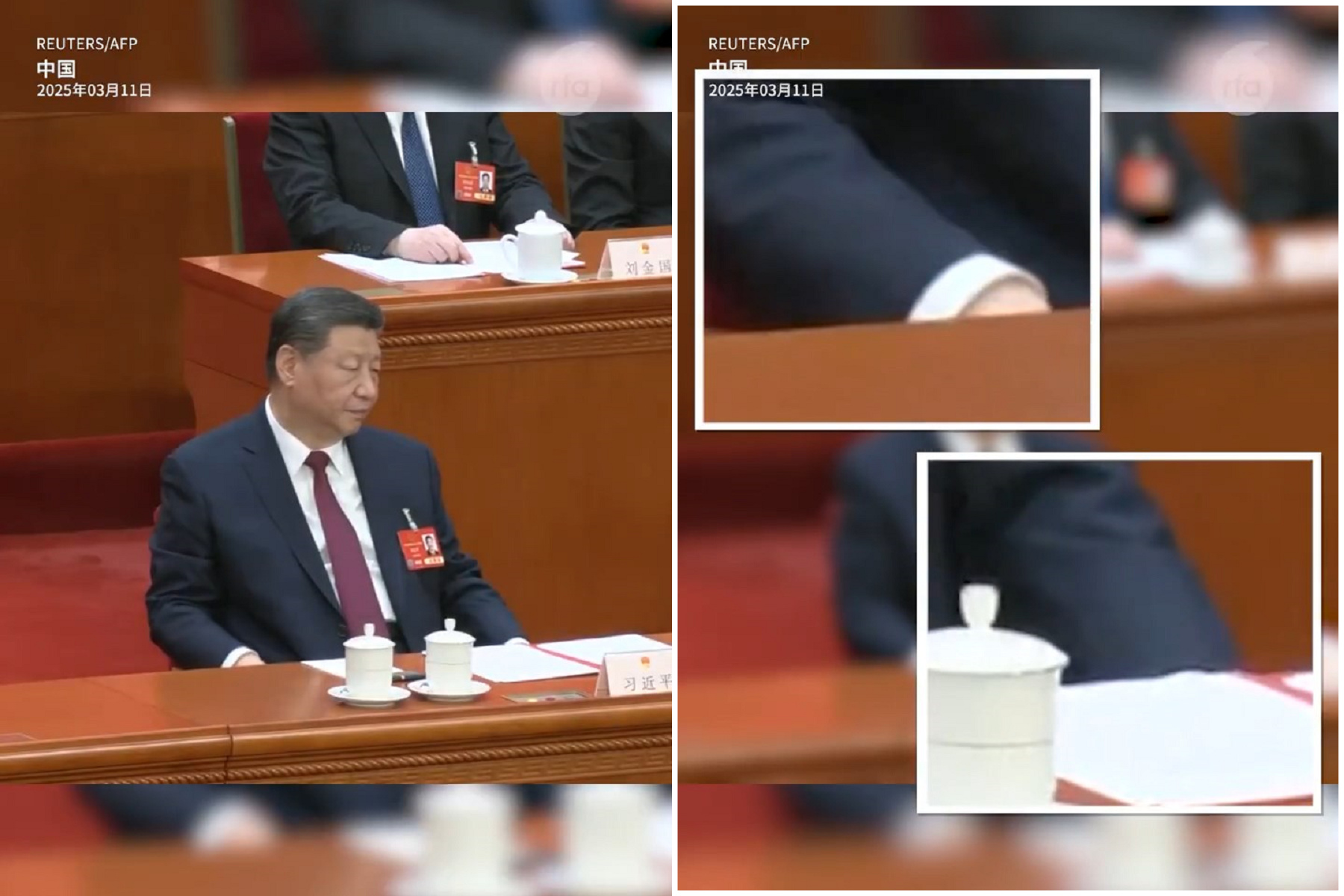 習近平出席人大會議閉幕，手不斷搓揉下面！網友狂飆髒話「問候習媽媽」。（翻自《自由亞洲電台》）