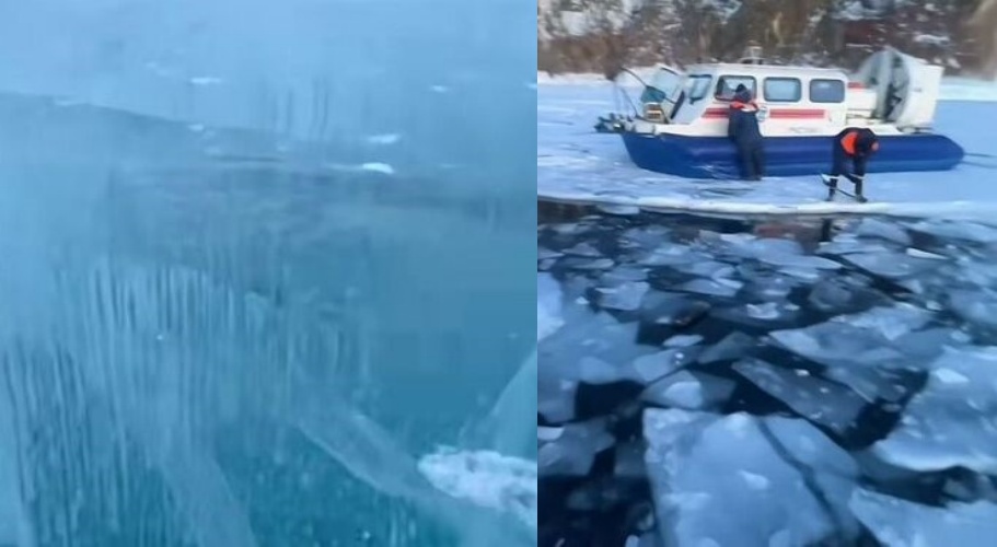 奧利洪島冰面天然冰層存在風險,救援人員於事故水域進行水下打撈作業。(翻攝自抖音)