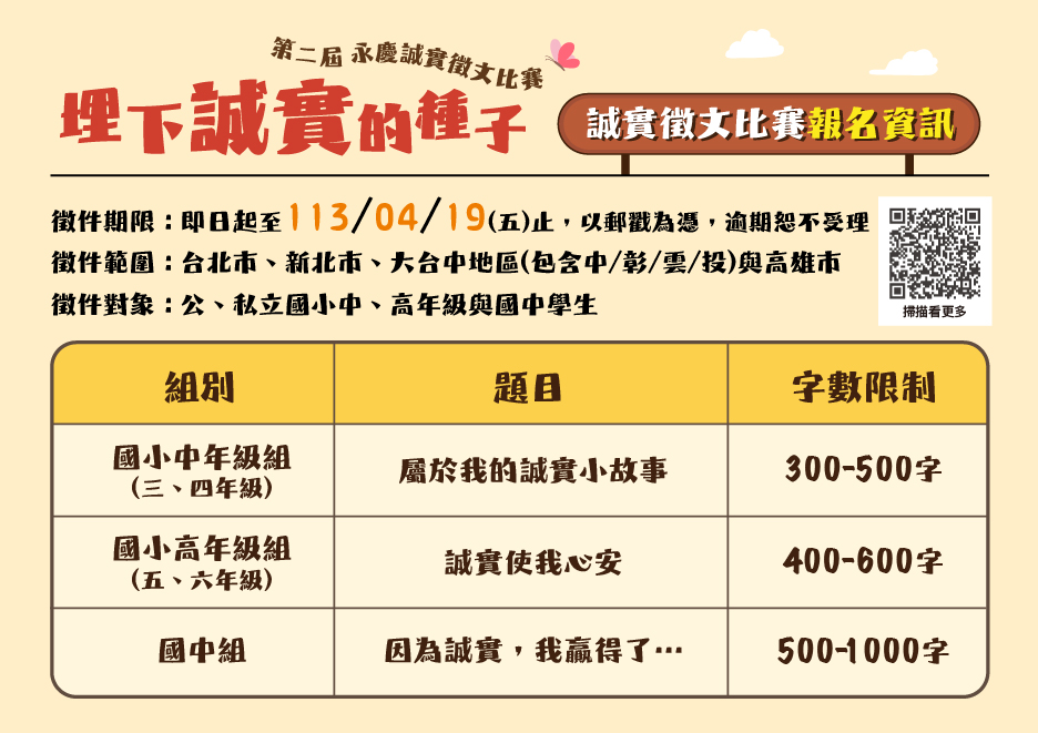 「埋下誠實的種子～第二屆永慶誠實徵文比賽」希望透過不同情境引導孩子探索自我與誠實的關係，並逐步建立正確的價值觀。