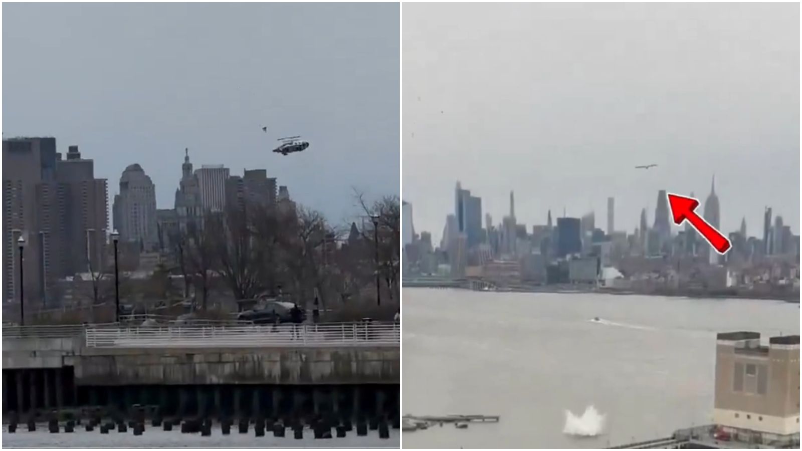 觀光直升機墜河瞬間被拍下，螺旋槳（圖右）與機身分離後還在旋轉。（翻攝X）