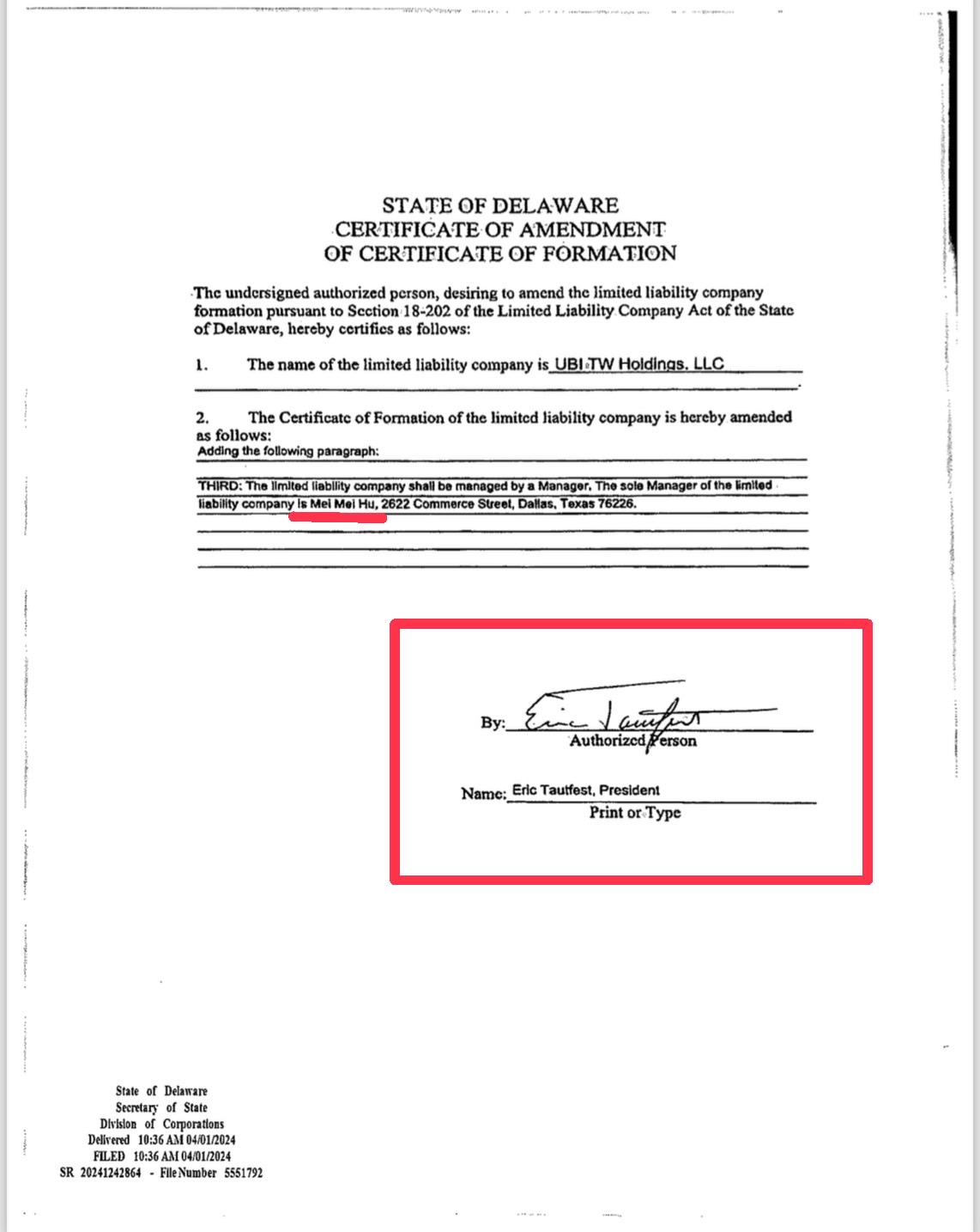 UBI TW Holding LLC已經修改公司組織章程，增列該公司唯一經理人為Mei-Mei Hu（胡世一）。（UBI台控提供）