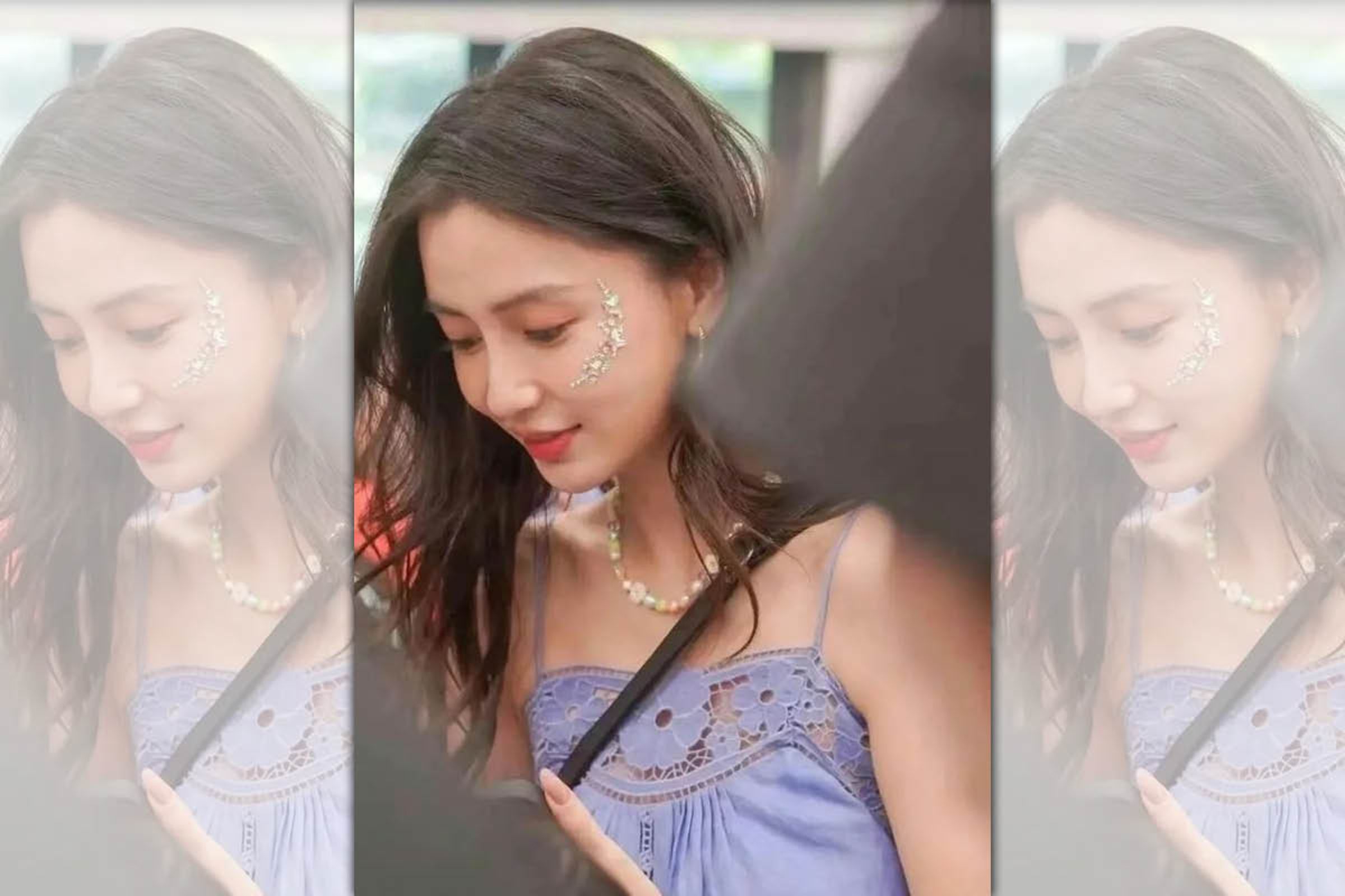 Angelababy被目擊參加兒子的學校活動,穿上紫背心的她青春亮麗卻被網友批她穿太露。(翻攝自微博)