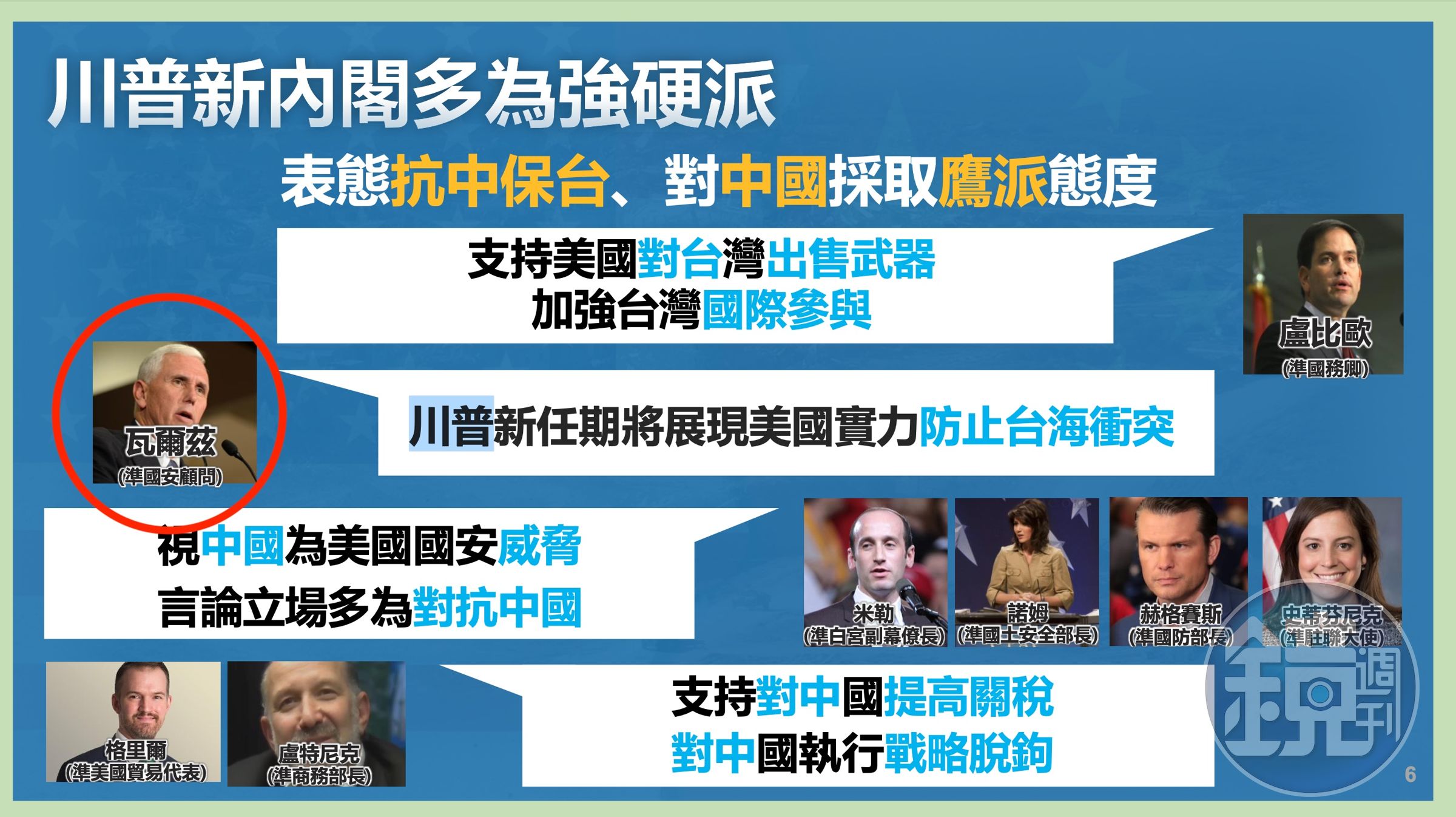 經濟部長郭智輝14日赴成大演講卻把川普的候任國安顧問瓦爾茲照片,誤用成美國前副總統彭斯(紅圈處)。(讀者提供)