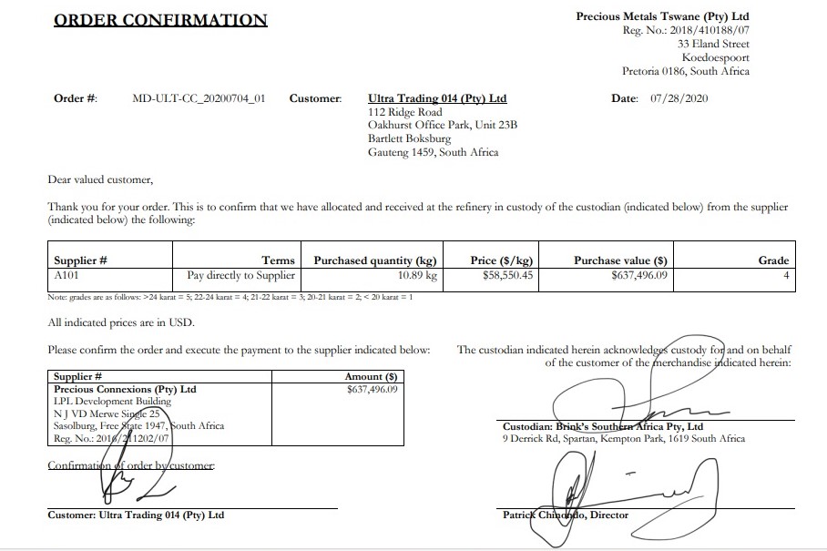 外籍詐團寄送南非煉金廠進貨單取信被害人，事後查出都是詐團詭計。（讀者提供）