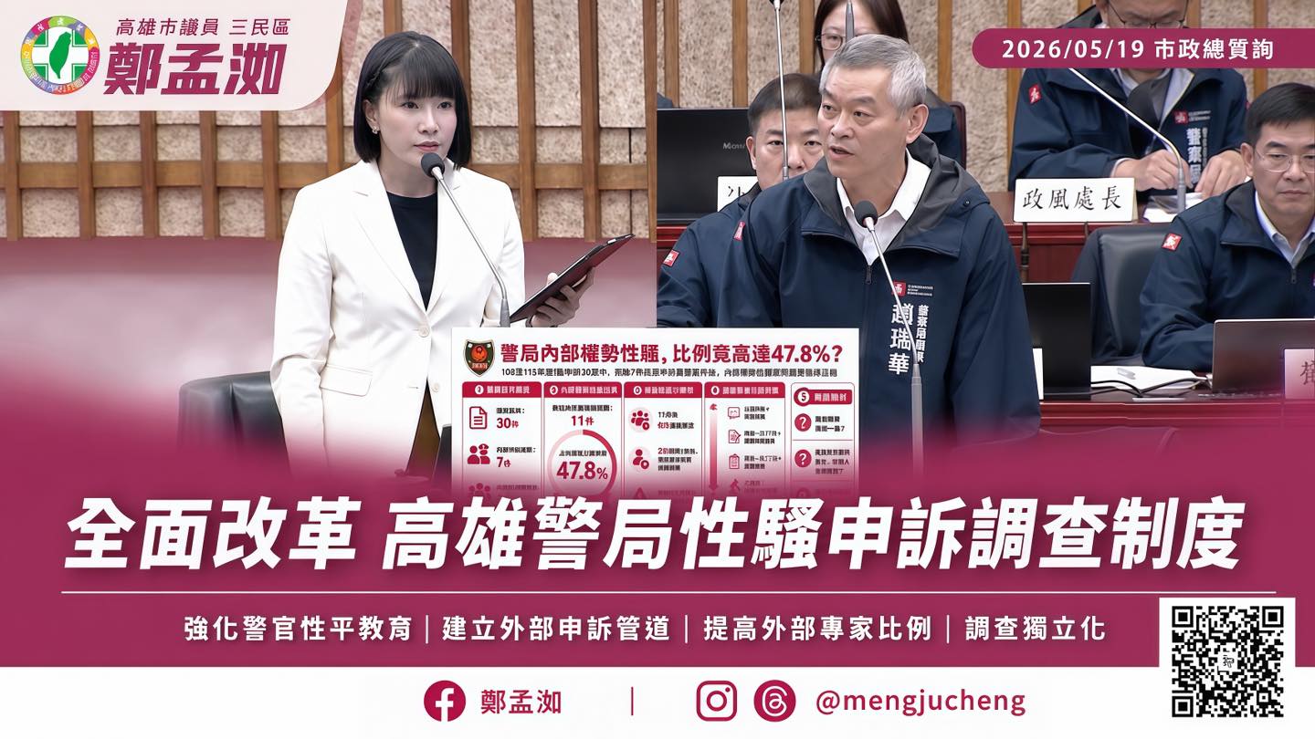 高雄市議員鄭孟洳於市政總質詢時揭露警察局內部權勢性騷案件的驚人比例,並提出四大改革方案要求改善。(翻攝鄭孟洳臉書)
