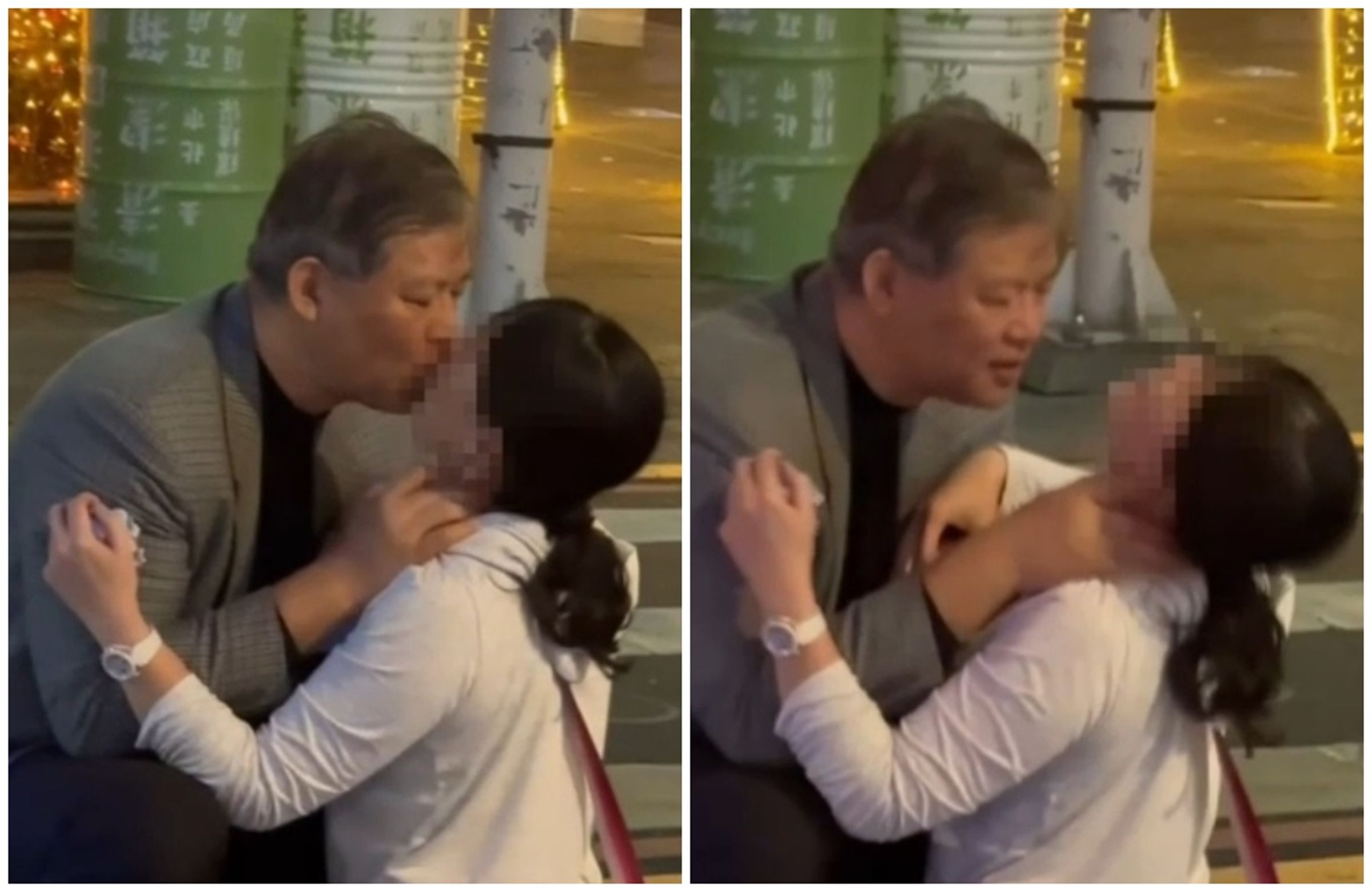 國安局特勤中心謝靜華少將,近日酒後在路邊強吻戴著口罩的馬尾妹。(翻攝影片)