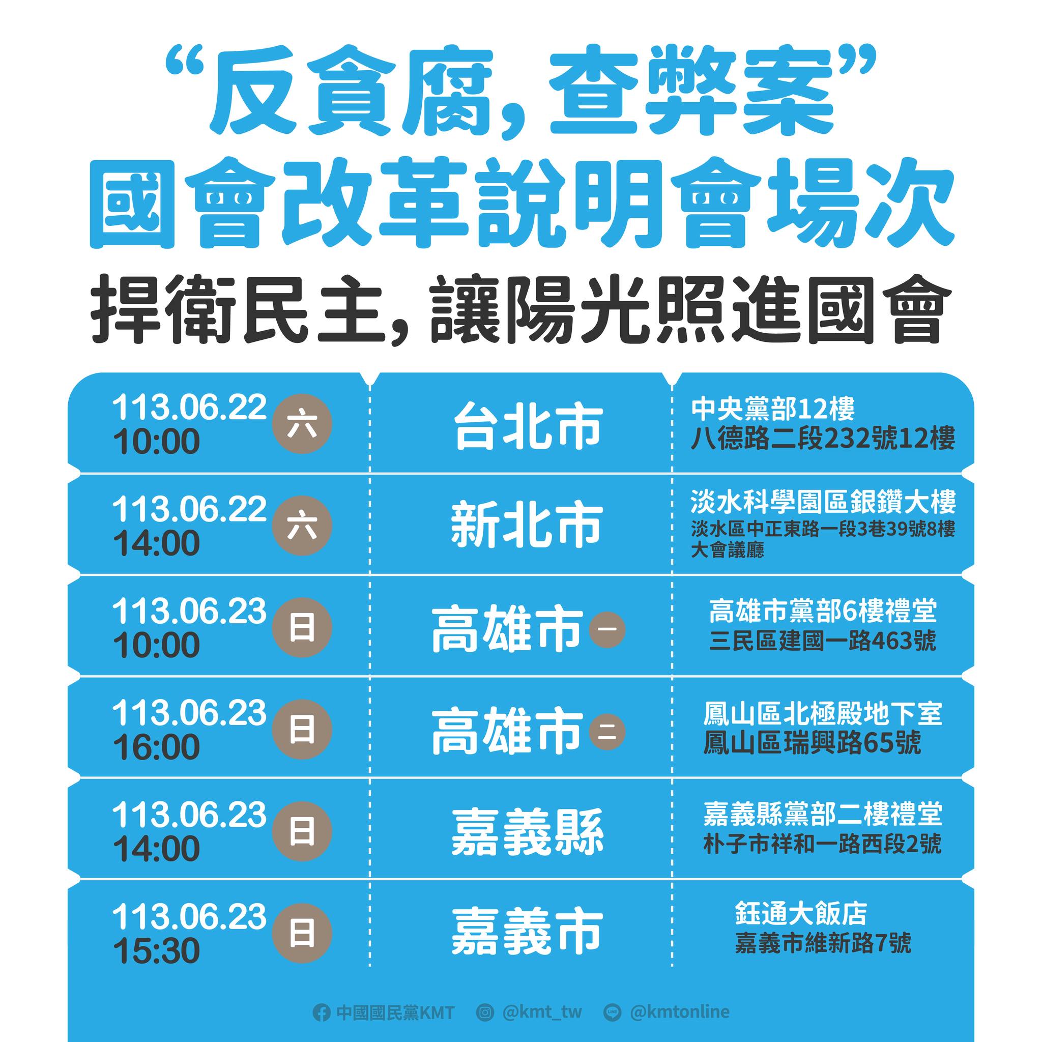 本週國民黨將在嘉義、高雄等地舉行國會改革說明會。（翻攝自國民黨臉書）