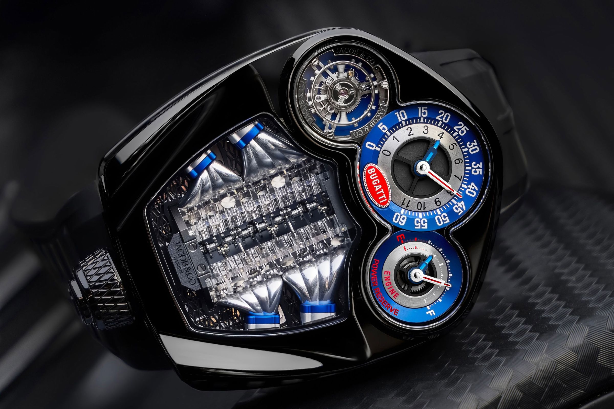 JACOB & CO.最新的Bugatti Tourbillon腕錶，限量150只，定價34萬美元，折合台幣約1,100萬元。