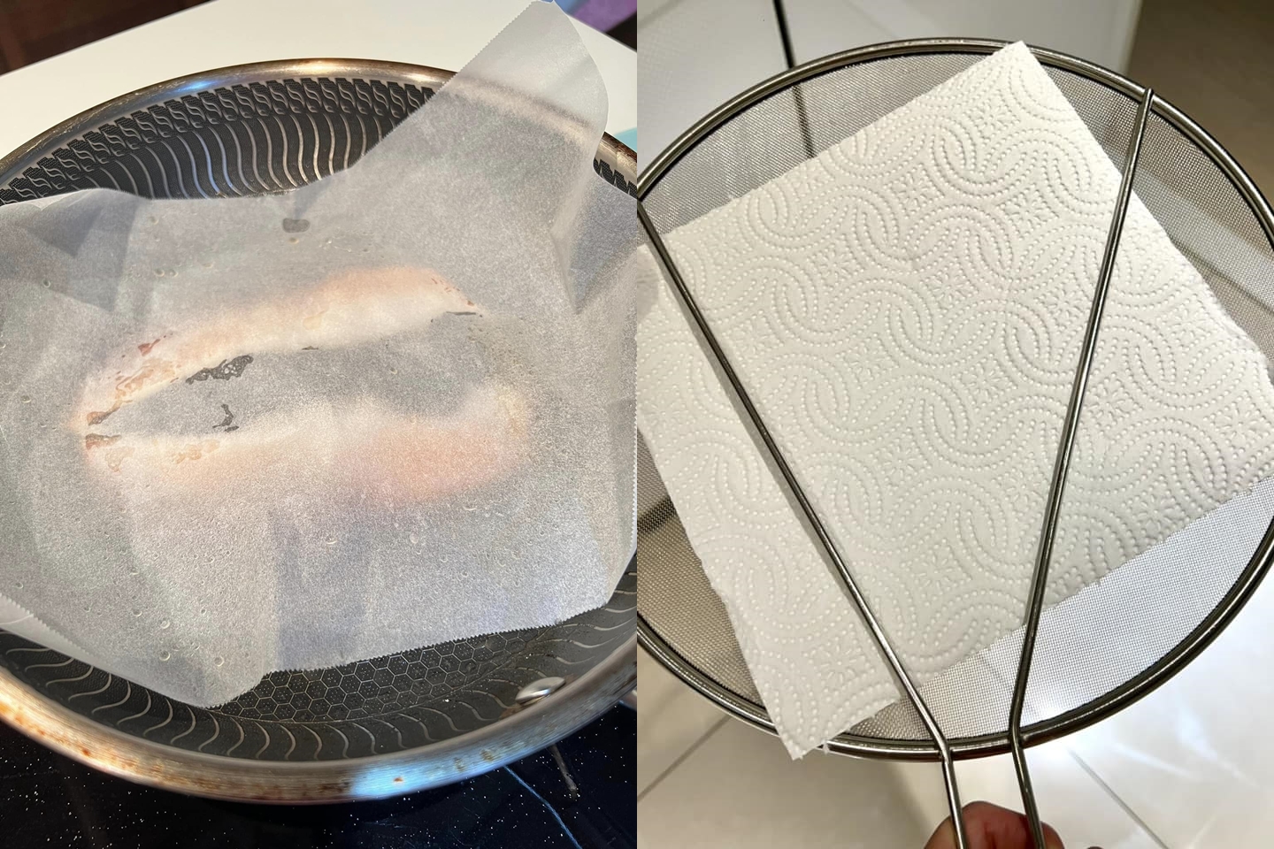 網友指出使用烘焙紙或防噴油網可以有效防止油噴濺。（翻攝臉書社團「家常菜」）