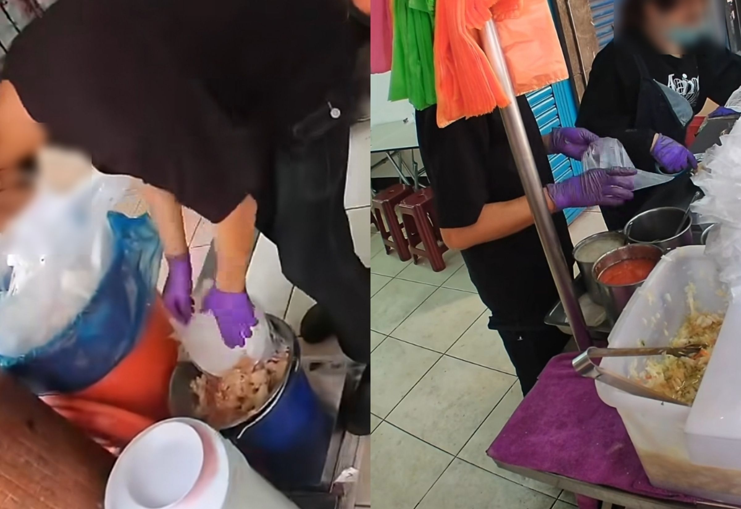 士林一家臭豆腐店被民眾爆料店員「一套到底」處理廚餘和下一個客人的餐點。（翻攝自靠北天母幫）