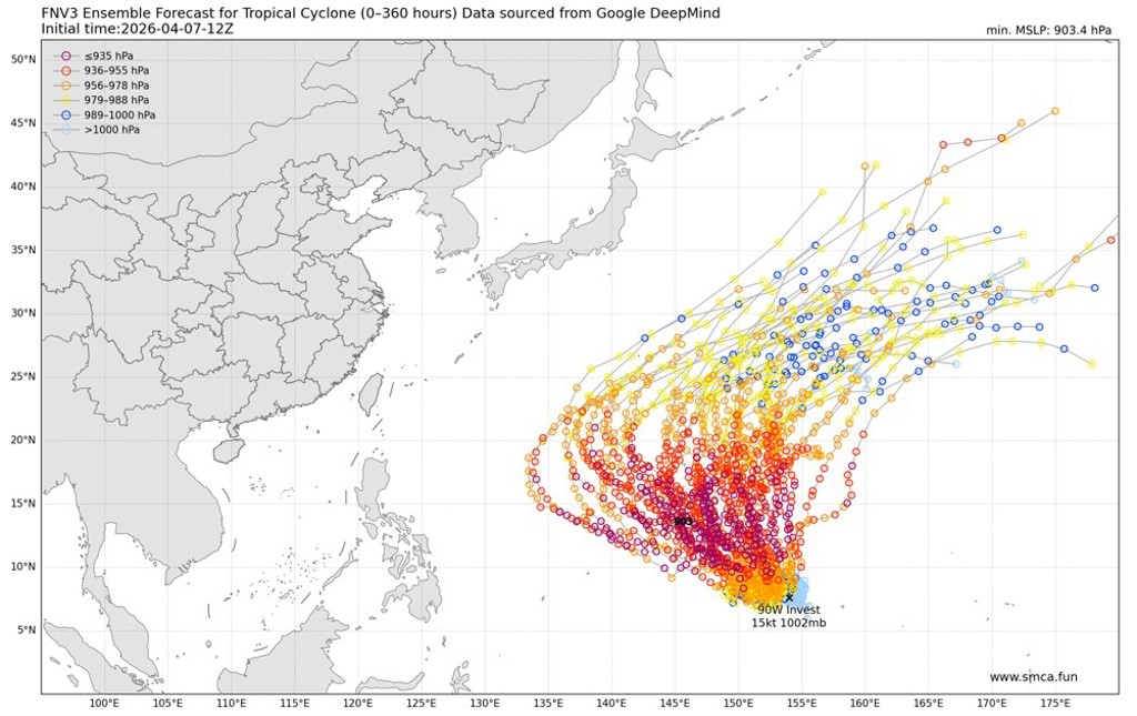 關島一帶的熱帶擾動（90W）正醞釀中，最快週五（10日）有機會發展為今年第4號颱風「辛樂克」（Sinlaku）。（翻攝「天氣職人-吳聖宇」臉書）