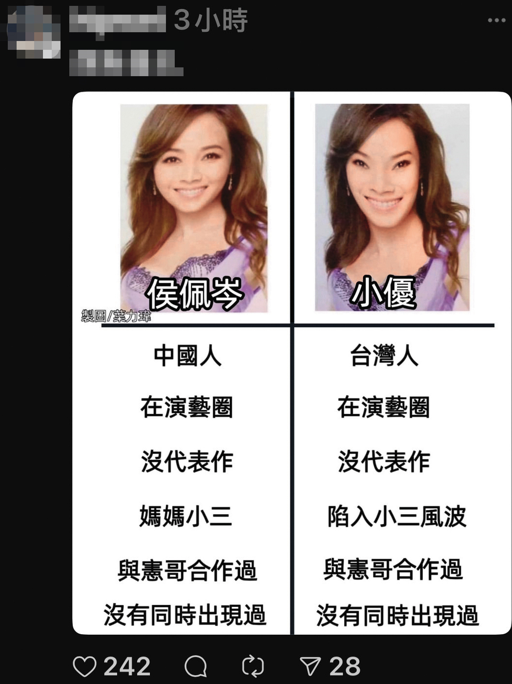 網友列出侯佩岑與小優的比較表，簡直不要太中肯。（翻攝自Threads）