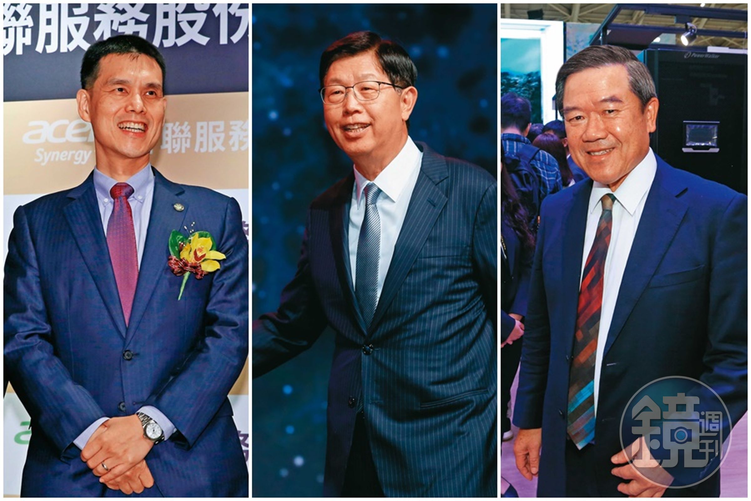 鴻海董事長劉揚偉(中)、佳世達董事長陳其宏(右)及宏碁董事施宣輝(左)都相當看好台商在低軌衛星市場的競爭力。
