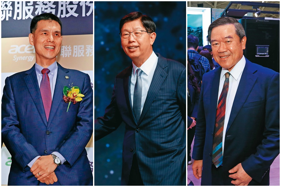 鴻海董事長劉揚偉（中）、佳世達董事長陳其宏（右）及宏碁董事施宣輝（左）都相當看好台商在低軌衛星市場的競爭力。