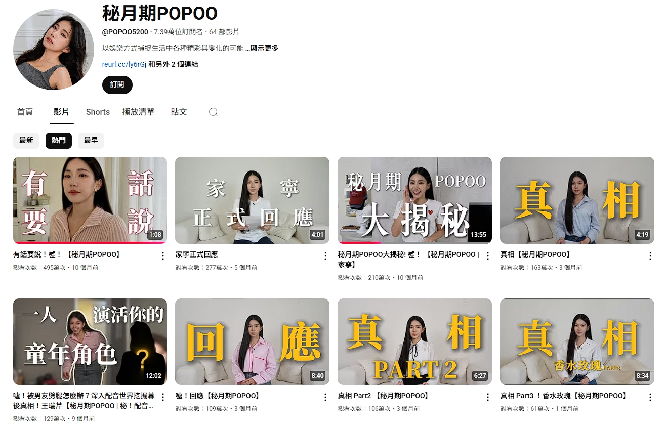 有網友統計YouTube台灣圈「最多倒讚的影片」前5名，光是家寧1人就包辦了4個名額。（翻攝自秘月期POPOO）