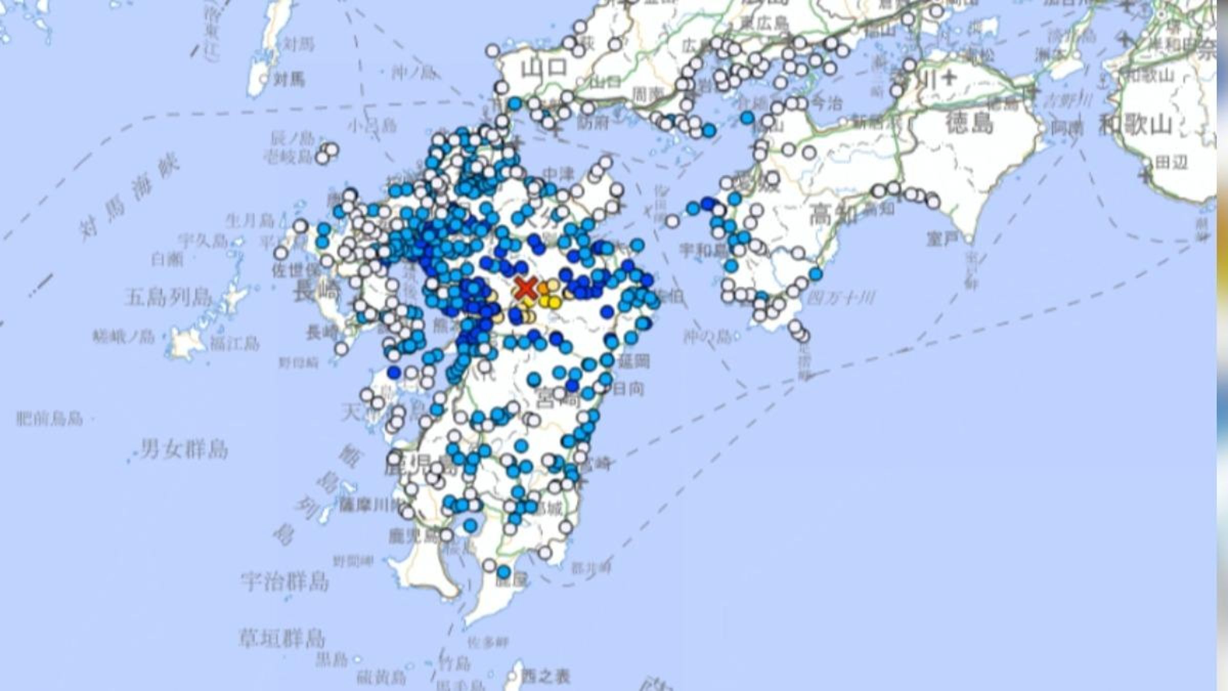 熊本產山村觀測到震度5強,地震造成多地明顯搖晃。(翻攝自日本氣象廳)
